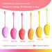 The Mango 6-Piece Weighted Kegel Ball Set features oval weights from 40g to 115g in gradient pink to yellow. Use daily for 30 minutes to strengthen pelvic floor muscles, as shown by an illustration of increasing tightness.