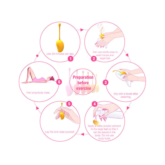Infographic shows six steps to prepare for Kegels with the Mango 6-Piece Weighted Kegel Ball Set: wash hands, clean and dry balls, apply lubricant, lie down relaxed, and use daily for 30 minutes to strengthen pelvic floor muscles.