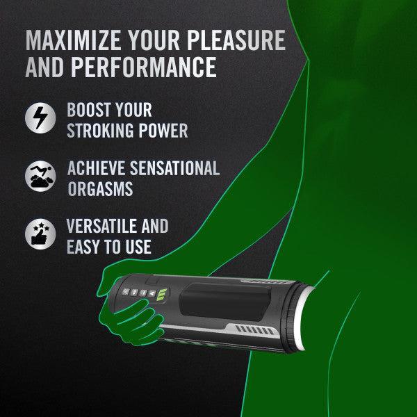 A green silhouette of a person holds a black and gray cylindrical device. Text on the left reads: "Maximize your pleasure and performance with Blush's Master Blaster." Below, three icons are accompanied by text: "Boost your stroking power," "Achieve sensational orgasms," and "Versatile, automatic stroker with suction technology, vibration, and warming features.