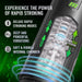 An image of the Master Blaster Vibrating, Stroking, Sucking, Warming, Automatic Stroker. Text reads "Experience the Power of Rapid Stroking" and highlights features like "Deluxe Rapid Stroking Modes," "Deep and Powerful Vibrations," and "Soft & Ribbed Internal Chamber with Warming Feature." The device showcases Blush's NexGen Stroking Technology.