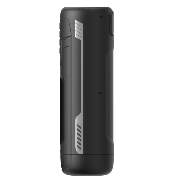 Side view of a black Master Blaster Vibrating, Stroking, Sucking, Warming, Automatic Stroker by Blush with an ergonomic design featuring a ridged grip and subtle design accents. The stroker is enhanced with suction technology and boasts a minimalistic look with a sleek, compact form.