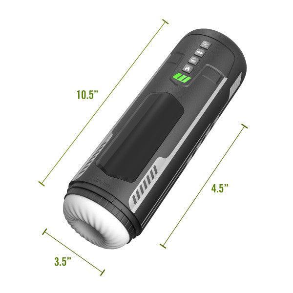 Introducing the Master Blaster Vibrating, Stroking, Sucking, Warming, Automatic Stroker by Blush: a black and grey cylindrical electronic device measuring 10.5 inches in length, 4.5 inches in height, and 3.5 inches in width. It features intuitive buttons and a display with green indicator lights to provide an incredibly realistic oral experience through its advanced suction technology.