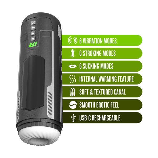 Image of a cylindrical black device with several buttons on its side, featuring a digital display. Next to the Blush Master Blaster Vibrating, Stroking, Sucking, Warming, Automatic Stroker are highlighted features in a green and white color scheme: 6 vibration modes, 6 stroking modes, 6 sucking modes using advanced suction technology, warming feature, textured canal, smooth feel, and USB-C rechargeable.