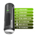 Image of a cylindrical black device with several buttons on its side, featuring a digital display. Next to the Blush Master Blaster Vibrating, Stroking, Sucking, Warming, Automatic Stroker are highlighted features in a green and white color scheme: 6 vibration modes, 6 stroking modes, 6 sucking modes using advanced suction technology, warming feature, textured canal, smooth feel, and USB-C rechargeable.