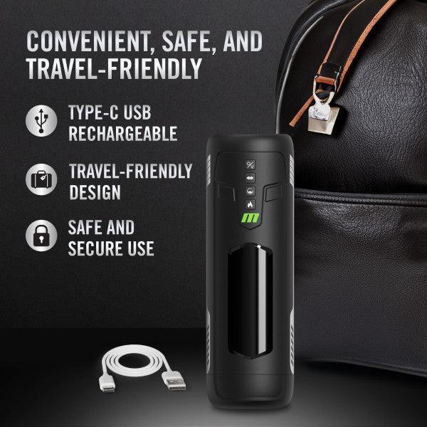 A black Master Blaster Vibrating, Stroking, Sucking, Warming, Automatic Stroker by Blush is shown next to a USB-C cable and a black leather backpack. Text on the image reads, "Convenient, Safe, and Travel-Friendly. Type-C USB Rechargeable. Travel-Friendly Design with Advanced Suction Technology. Safe and Secure Use.