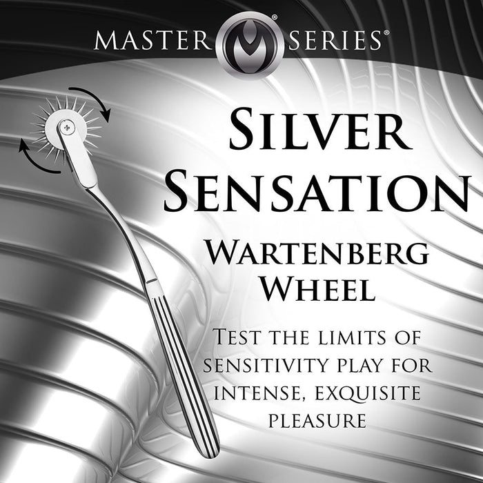 A black and white advertisement for XR Brands' Master Series Silver Sensation Wartenberg Wheel, expertly crafted from nickel-free metal. The wheel's sharp spikes are mounted on a sleek handle. The accompanying text reads, "Test the limits of sensitivity play for intense, exquisite pleasure." A wavy metallic background pattern enhances sensual stimulation.