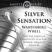 A black and white advertisement for XR Brands' Master Series Silver Sensation Wartenberg Wheel, expertly crafted from nickel-free metal. The wheel's sharp spikes are mounted on a sleek handle. The accompanying text reads, "Test the limits of sensitivity play for intense, exquisite pleasure." A wavy metallic background pattern enhances sensual stimulation.