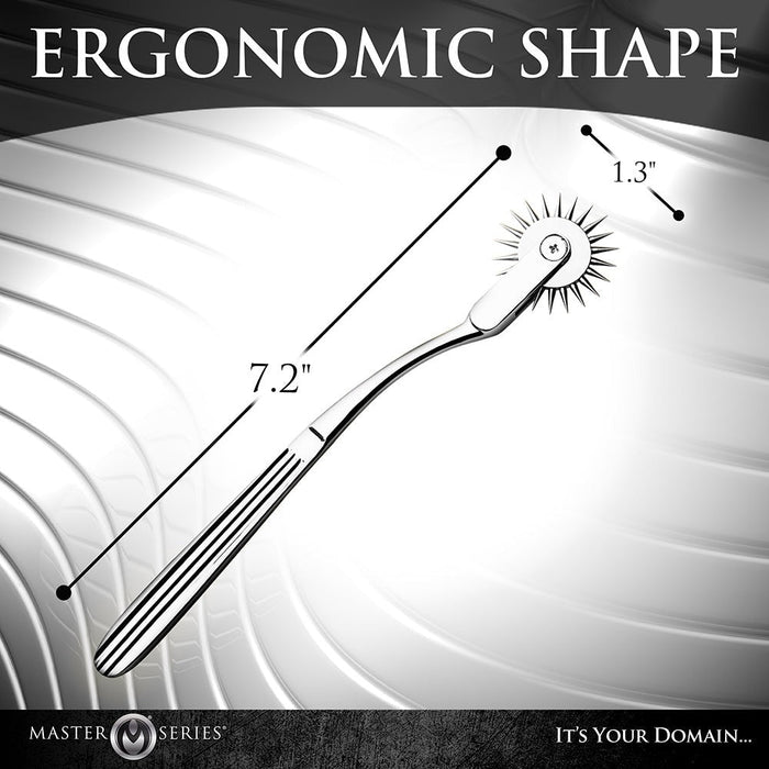 Image of a Master Series Silver Sensation Wartenberg Wheel by XR Brands, featuring an ergonomic handle, measuring 7.2 inches in length and 1.3 inches across the pinwheel. Crafted from nickel-free stainless steel against a metallic, textured background. Text on the image reads "ERGOOMIC SHAPE" and "It's Your Domain... MASTER SERIES.