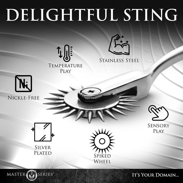 A grayscale promotional image for the Master Series Silver Sensation Wartenberg Wheel by XR Brands showcases a stainless steel Wartenberg wheel along with icons highlighting its features: temperature play, nickel-free metal, sensory play, spiked wheel, and silver plated. The tagline at the bottom reads, "It's Your Domain... Sensual Stimulation Awaits.