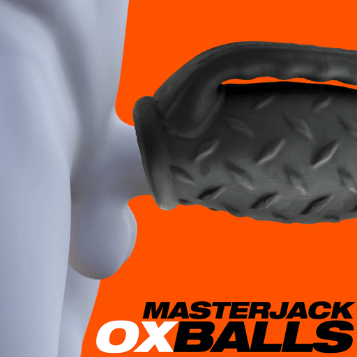 An image shows a close-up of a white mannequin with an elongated, textured silicone blend object pressed against it. The background is bright orange, highlighting the contrast. Text in black and white at the bottom reads "Oxballs Oxballs Masterjack Double Ended Ultra Squishy Stroker with Handle - Black.