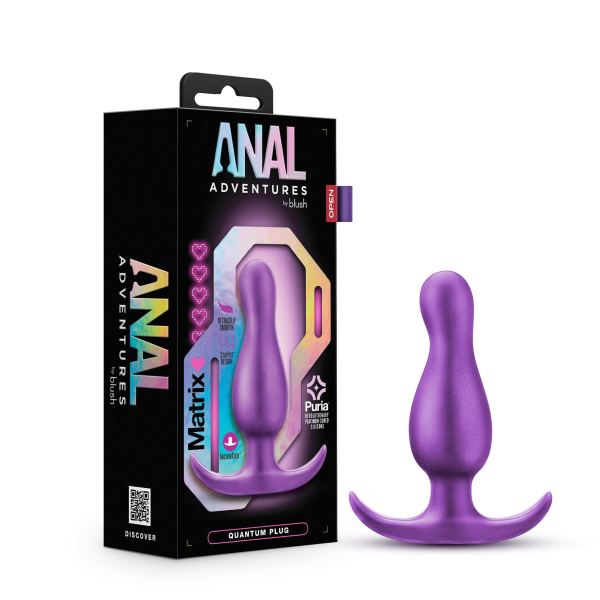 Image of the Matrix First Time Flexible Silicone Butt Plug - Galactic Purple by Blush. The packaging displays the product name, holographic highlights, and descriptions. The purple anal plug, crafted from body-safe silicone, is shown outside the box with a curved base for comfort and P-spot stimulation.