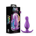Image of the Matrix First Time Flexible Silicone Butt Plug - Galactic Purple by Blush. The packaging displays the product name, holographic highlights, and descriptions. The purple anal plug, crafted from body-safe silicone, is shown outside the box with a curved base for comfort and P-spot stimulation.