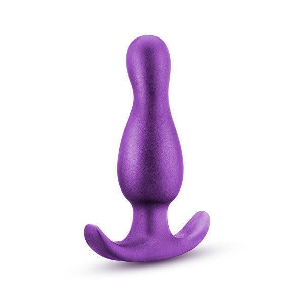 Introducing the Matrix First Time Flexible Silicone Butt Plug in Galactic Purple by Blush: a body-safe silicone anal plug featuring a smooth, tapered tip and a flared base for safety and easy removal. The ergonomic design includes a curved base to fit comfortably and securely, ensuring P spot stimulation.