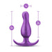 The Matrix First Time Flexible Silicone Butt Plug - Galactic Purple by Blush is showcased with a width of 1 inch and a total height of 3.5 inches. The insertable length measures 3 inches, crafted from body-safe silicone. The plug features a flared and curved base, providing safe removal and P spot stimulation.