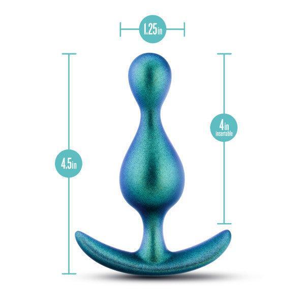 Introducing the Matrix First Time Soft Silicone Butt Plug - Shimmery Green by Blush, a perfect option for beginners. This anal plug is crafted from premium platinum-cured silicone and features measurements including a height of 4.5 inches, an insertable length of 4 inches, and a maximum width of 1.25 inches. Designed with a narrow tip, bulbous middle, and flared base for safety.