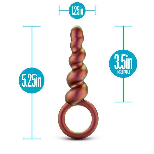 Introducing the Matrix First Time Soft Silicone Spiral Anal Beads with Finger Loop by Blush, a spiral-textured, metallic insertable adult toy with a convenient finger loop at the base, designed for orgasmic anal play. Featuring a total length of 5.25 inches (3.5 inches insertable) and a diameter of 1.25 inches at its widest part, all measurements are shown in blue text on the image.