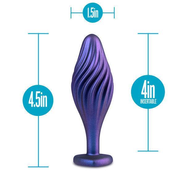 Image of the Matrix Swirl Bling Butt Plug with Sparkly Heart Base from Blush, featuring a blue and purple metallic design with a textured spiral. Dimensions are displayed: total length 4.5 inches, insertable length 4 inches, and width 1.5 inches.