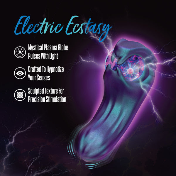 The Viper Double Ended Dual Motor Plasma Globe Vibrator features a sculpted, glowing tip that emits purple and blue light with electric effects. Beside it: "Electric Ecstasy: Mystical Pulses & Sculpted Texture for Precise Stimulation.