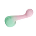 The Melody Double Ended Licking Tongue & G-Spot Vibrator is a pastel pink and green, body-safe silicone toy with a curved shape and two handle buttons, shown on a white background.