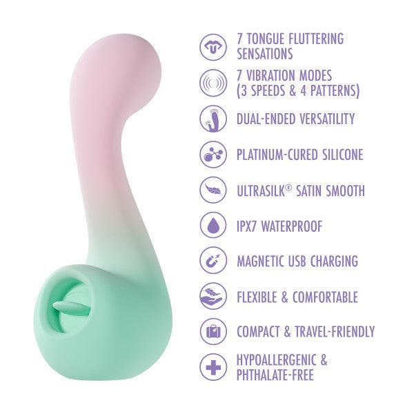 The Melody Double Ended Licking Tongue & G-Spot Vibrator in pastel pink and mint green features body-safe silicone, multiple modes, waterproof design, USB charging, a flexible shape, and a compact size ideal for travel.
