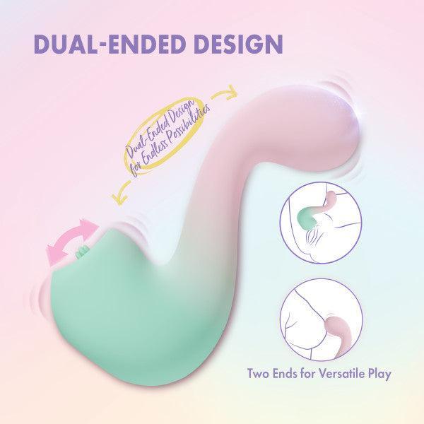 The Melody Double Ended Licking Tongue & G-Spot Vibrator is shown in pastel colors, featuring an S-shaped, body-safe silicone design. Labels highlight its dual-ended versatility for different body areas. Text: "Dual-Ended Design" and "Two Ends for Versatile Play.