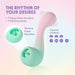 The Melody Double Ended Licking Tongue & G-Spot Vibrator is pictured against a light gradient background, showcasing pastel colors, body-safe silicone, 7 tongue flutter sensations, 7 vibration modes, clitoral and G-spot stimulation, and multiple speeds and patterns.