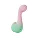 The Melody Double Ended Licking Tongue & G-Spot Vibrator features body-safe pastel silicone, a curved bulbous tip, ergonomic handle with two buttons, and a stylish blend of light pink to mint green for dual-ended pleasure.