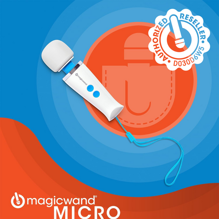 A white and blue Magic Wand Micro Rechargeable Cordless Vibrator, featuring a wrist strap, sits on a blue and orange background. The Magic Wand Micro logo is below. Compact, powerful, cordless—ideal for travel.