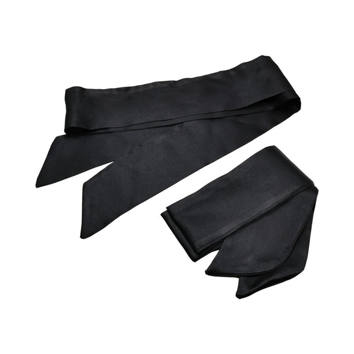 The Midnight Moods 10 Piece Beginner Bondage Kit features black silk sashes with pointed ends, perfect for playful restraint and elegantly displayed on a white background.