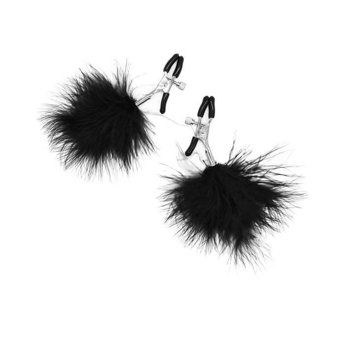 Part of the Midnight Moods 10 Piece Beginner Bondage Kit, these silver clips with black rubber tips and fluffy feather pom-poms offer a gentle tickling sensation, shown on a white background.