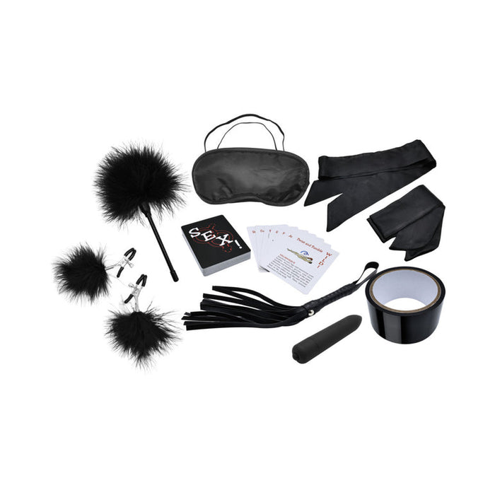 Explore new sensations with the Midnight Moods 10 Piece Beginner Bondage Kit, featuring a blindfold, silky ties, feather tickler, nipple clamps with feathers, mini flogger, cards, bullet vibrator, and bondage tape—ideal for adventurous couples.