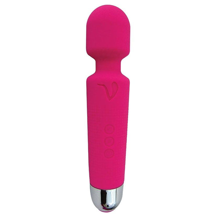 The Mini Halo Extra Powerful Wand Vibrator by Thank Me Now is a pink handheld massager featuring a rounded tip and a metallic base. The handle is designed with a textured grip and three vertical control buttons. Crafted from premium silicone, the wand includes a subtle wave pattern near the buttons.