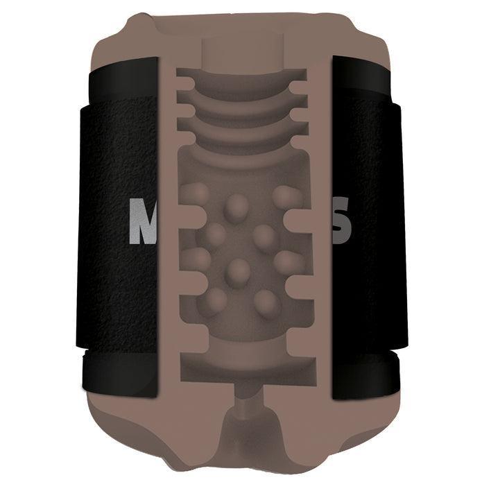 Image of the Mistress Mini Double Stroker Mouth & Pussy - Chocolate by Curve Toys, featuring a brown and black cylindrical design with a partially cutaway section revealing interior components like a coiled spring and ball bearings. The exterior showcases the letters "M" and "S" on the black sections, reflecting the detailed craftsmanship akin to realistic TPE rubber products.