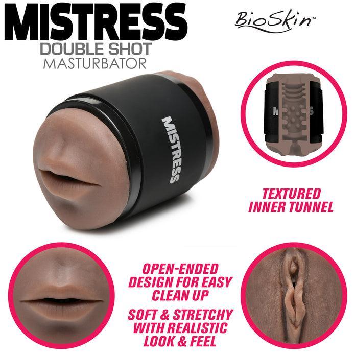 An image of the "Mistress Mini Double Stroker Mouth & Pussy - Chocolate" by Curve Toys, crafted from realistic TPE rubber. This double-ended stroker features a mouth on one end and a vagina on the other. Close-up images showcase the textures and open-ended design, highlighting its soft, stretchy, and lifelike feel.