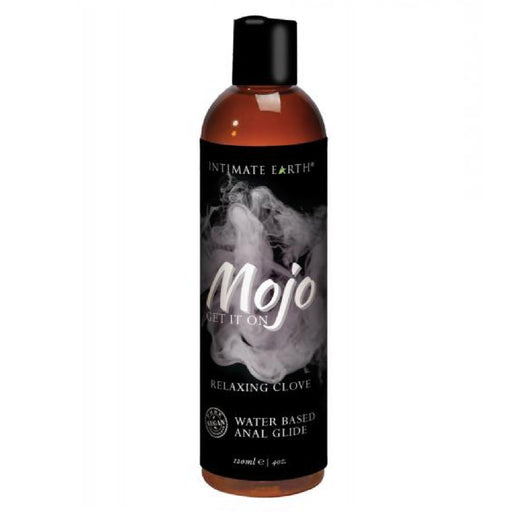 A bottle of Intimate Earth Mojo Water Based Anal Relaxing Glide, water-based lubricant.