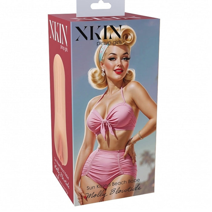 A product box with a retro illustration of a blonde woman in a pink bikini and vintage curls, smiling. Labeled "XKIN pinup girls," it features the Molly Blowtide Pinup Pocket Pussy, Sun Kissed Beach Babe edition.