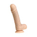 The Money Shot 8 Inch Vibrating Squirting Silicone Dildo (Ejaculating Strap On) in Vanilla features a realistic veined texture, flesh-toned silicone finish, and suction cup base, shown against a plain white background.