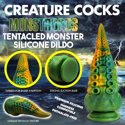 A promotional image for the "Monstropus Tentacled Monster 8.5 Inch Silicone Dildo" from XR Brands showcases the toy's unique tentacle textures, highlighting a tapered design for easier insertion, a strong suction base, premium silicone material, and compatibility as a strap-on harness accessory.