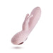 The Morgan Beginner G-Spot Rabbit Vibrator by Blush is a light pink, silicone sex toy with dual-stimulation capabilities and a sleek design. This rabbit vibrator features a curved main shaft and a smaller, protruding component for clitoral stimulation. It has three buttons on the handle for power and mode adjustments and is shown against a plain white background.