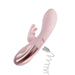 The Morgan Beginner G-Spot Rabbit Vibrator by Blush is a blush pink silicone sex toy with a sleek, curved design that features a clitoral stimulator attachment and a metallic accent towards the base. The device comes with a coiled white charging cable and offers intense clitoral stimulation.