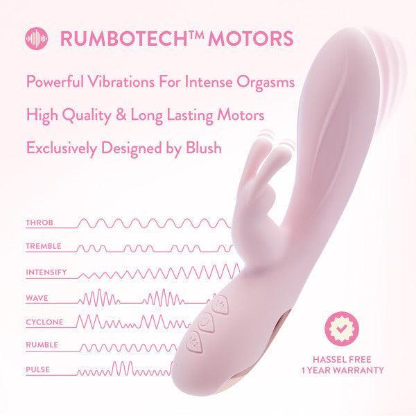 The Morgan Beginner G-Spot Rabbit Vibrator by Blush, showcased in a vibrant pink design, features two prongs and is highlighted beside text detailing its powerful vibrations, high-quality silicone construction, and long-lasting RUMBOTECH™ motors. This sex toy offers various stimulating patterns including Throb, Tremble, Intensify, Wave, Cyclone, Rumble, and Pulse—making it ideal for clitoral stimulation.