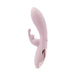 The Morgan Beginner G-Spot Rabbit Vibrator by Blush is a light pink, ergonomically shaped silicone sex toy that features a smooth finish, a curved shaft, and a separate attachment for dual clitoral stimulation. The design also includes a handle accented in rose gold and control buttons for adjusting the settings.