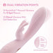 The Morgan Beginner G-Spot Rabbit Vibrator by Blush is displayed. This light pink vibrator features dual motors and soft bunny ears. Made from silky silicone, it offers 10 RumboTech-powered G-spot vibrations and 10 clitoral vibrations. The labeled controls allow for easy management of the vibration settings for both the shaft and clitoris, as well as power.