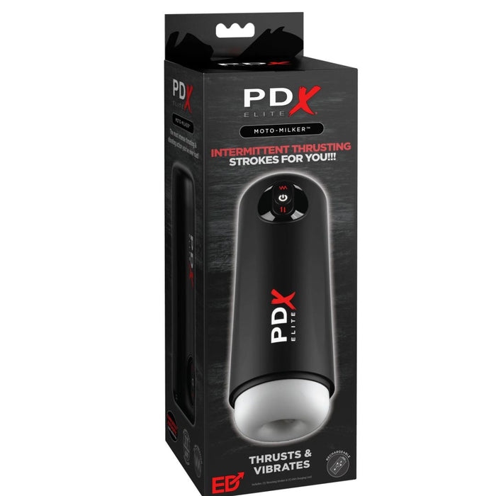 Packaging for the Pipedream Products Moto Milker Powerful Thrusting Sucking Vibrating Masturbator, featuring intermittent thrusting action and vibration functions.
