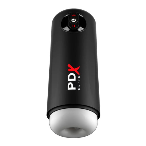 Black portable electronic device with red and white Pipedream Products branding, designed for masturbation, featuring a digital display and control buttons on the upper end.