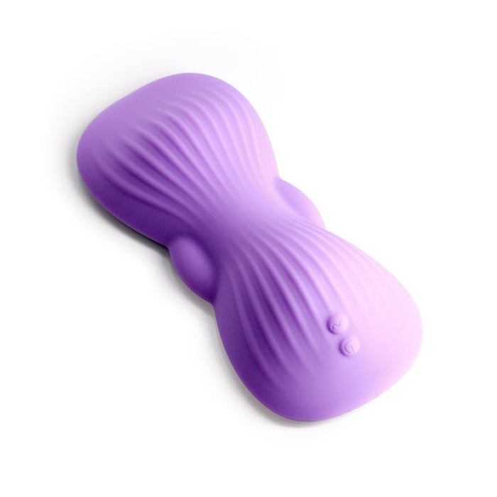 The Techno App-Controlled Hands-Free Grinding Pad, shown in purple textured silicone with a curved ergonomic shape and twin raised buttons, is displayed on white—ideal for fans seeking hands-free external stimulation.