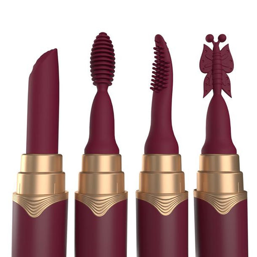 The My Secret Screaming O Premium Lipstick Vibrator comes in four burgundy shades with gold bases, each featuring a unique tip—classic slant, spiral, comb-like, and butterfly—for discreet beauty and powerful pleasure.
