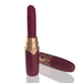 The My Secret Screaming O Premium Lipstick Vibrator, featuring a burgundy body and a gold-patterned cap, stands upright with its cap beside it on a white surface, offering a discreet and stylish design.