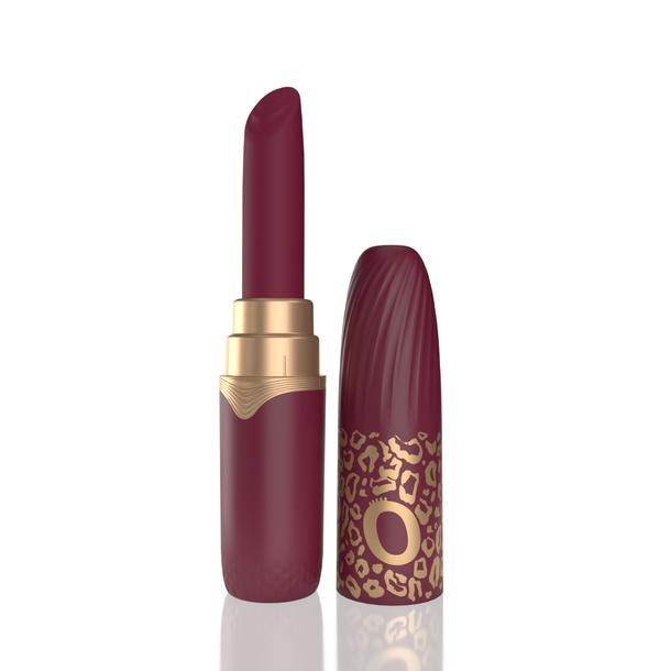 The My Secret Screaming O Premium Lipstick Vibrator features a dark red tube with gold accents and a matching cap adorned with gold leopard print, cleverly disguising pleasure as stylish lipstick for seamless blending of style and satisfaction.