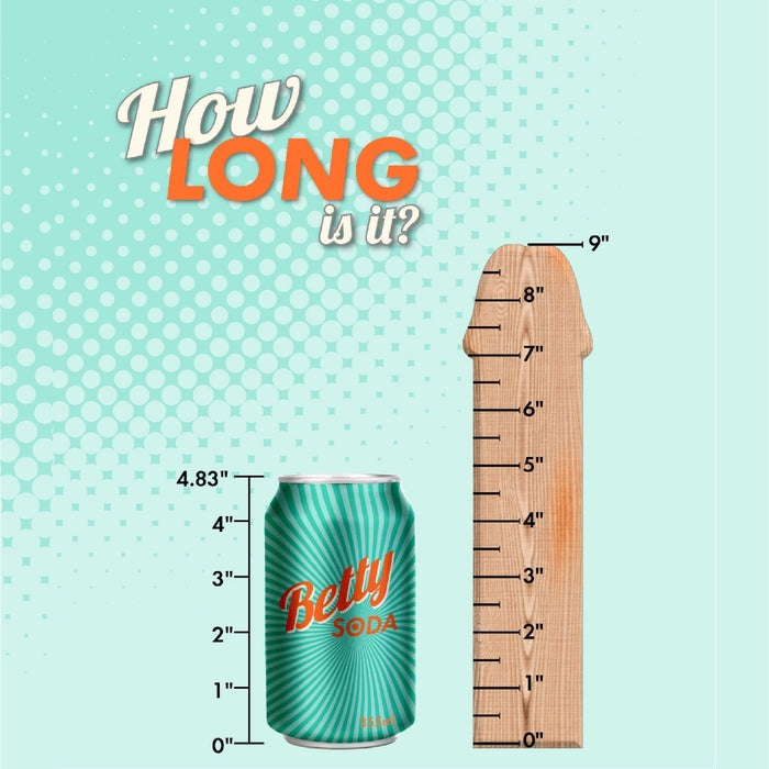 A soda can labeled "Betty Soda" stands beside a 9-inch wooden penis-shaped ruler, perfect for measuring your Mythical Long Thick Vibrating Fantasy Dildo in Pastel Ombre. The 4.83-inch can sits below the text, "How long is it?.